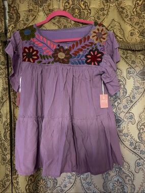 Lavender Embroidered Peasant Blouse with Floral Yoke